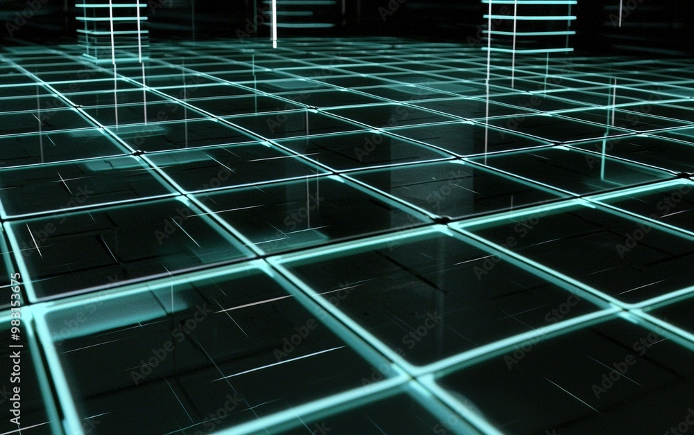 Poster A futuristic grid floor with glowing neon lines creating an abstract digital landscape in a dark environment