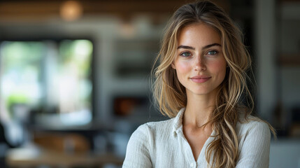 Fototapeta premium Young woman with blonde hair and blue eyes smiles in a casual setting.