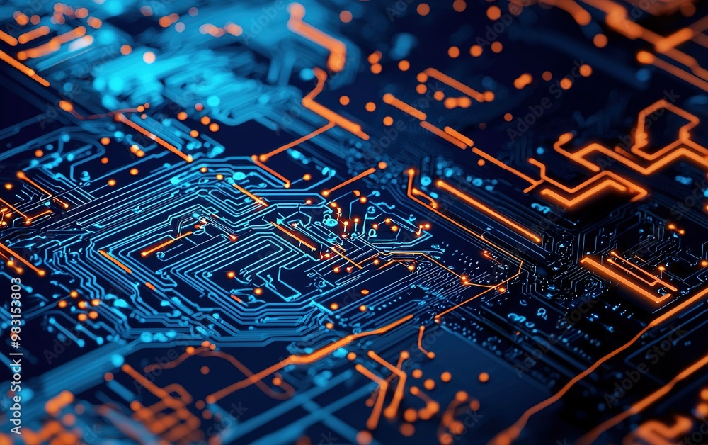 Poster abstract close-up of glowing circuit board patterns highlighting technology and innovation at night