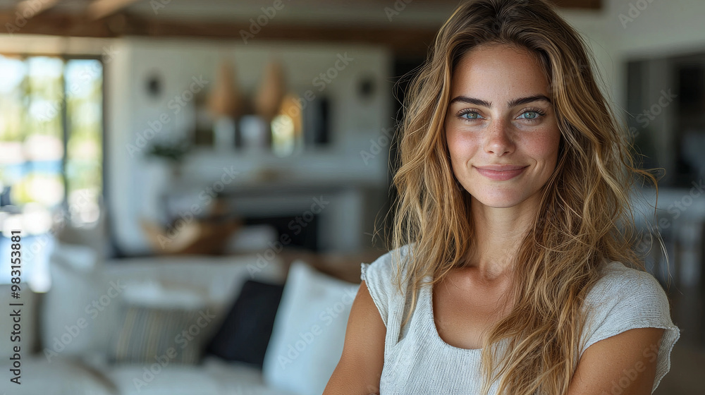 Sticker young woman smiling in a living room