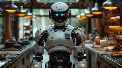 Fototapeta premium The robot cooks in the kitchen. Robot assistant in the home, future technologies
