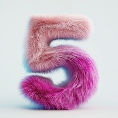 3D number 5 with colored fur texture realistic modern design, soft lighting, white background. 