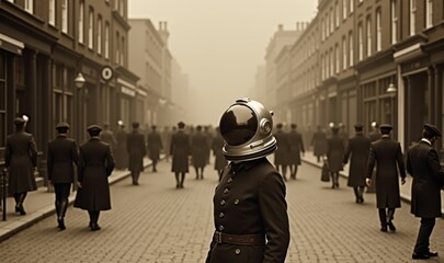 Obraz premium A surreal scene merging the past and future with a lone figure in an astronaut helmet among a crowd in vintage attire, evoking themes of exploration and innovation.