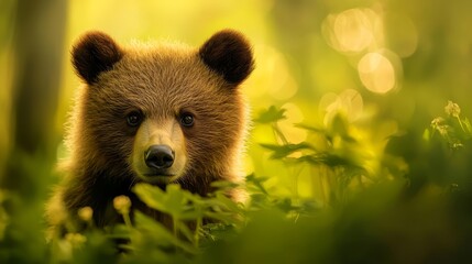 Fototapeta premium A tight shot of a bear in a verdant meadow, surrounded by trees in the distant background, with a softly blurred backdrop