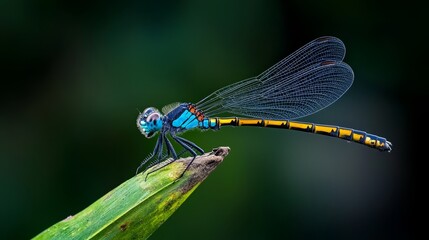  A blue-and-yellow dragonfly atop green grass, wings outstretched