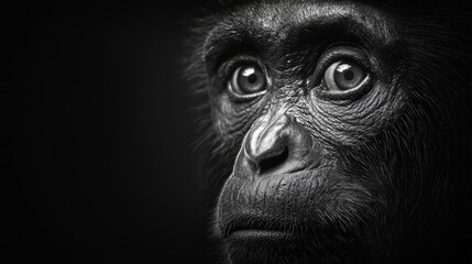 Obraz premium A monkey's face in black and white, gazing directly at the camera with wide-open eyes