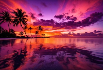 stunning island sunset over serene waters capturing vibrant colors reflections peaceful atmosphere, tranquil, sky, clouds, orange, pink, purple, yellow, blue