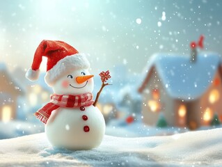 A cheerful snowman wearing a red scarf and hat stands in a snowy landscape, surrounded by cozy, warmly lit houses under a gentle snowfall.