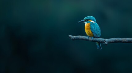 Obraz premium A vibrant bird perches on a tree branch against a dark blue backdrop, its chest adorned with a yellow and white stripe