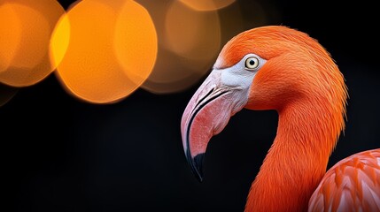 Fototapeta premium A tight shot of a pink flamingo against a backdrop of indistinct lights, with a soft focus effect on the surrounding area The lights in the distance exhibit an out-of