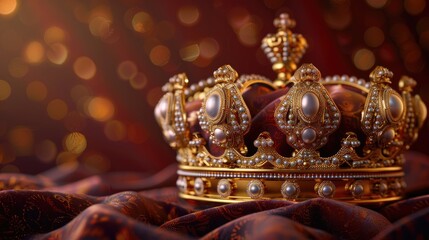 Fototapeta premium A stunning gold crown adorned with sparkling gemstones resting on a dark velvet pillow.