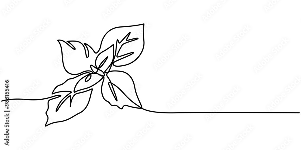 Poster basil leaves simple vector sketch drawing. one continuous line art illustration for background or pe