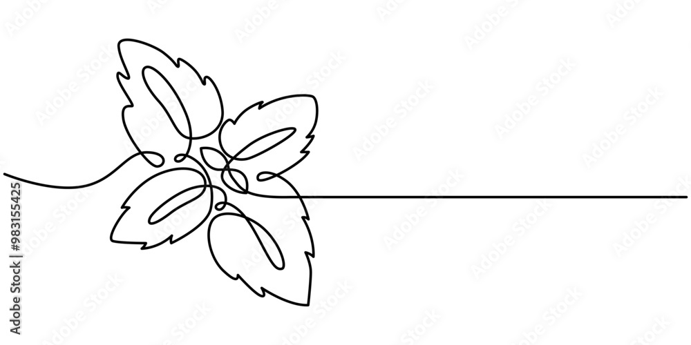 Poster basil leaves simple vector sketch drawing. one continuous line art illustration for background or pe