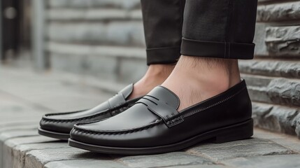 Male legs in leather shoes. Comfortable men's black shoes without laces. Casual men's moccasins 
