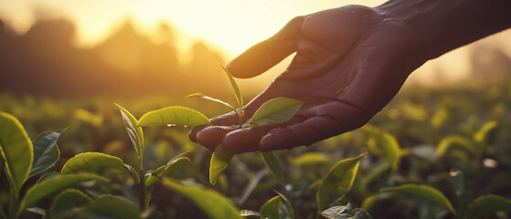 African black person hands over fresh green tea leaves, drops of water over them, morning sun shines in background. Generative AI