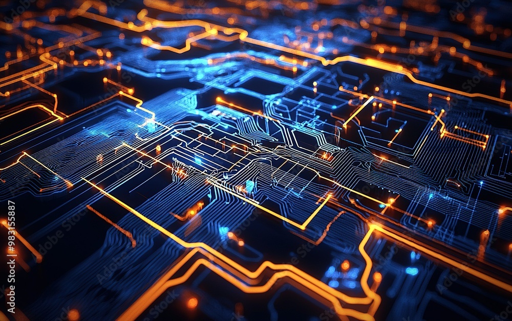 Aufkleber close-up view of a complex circuit board with illuminated blue and orange paths showcasing technolog