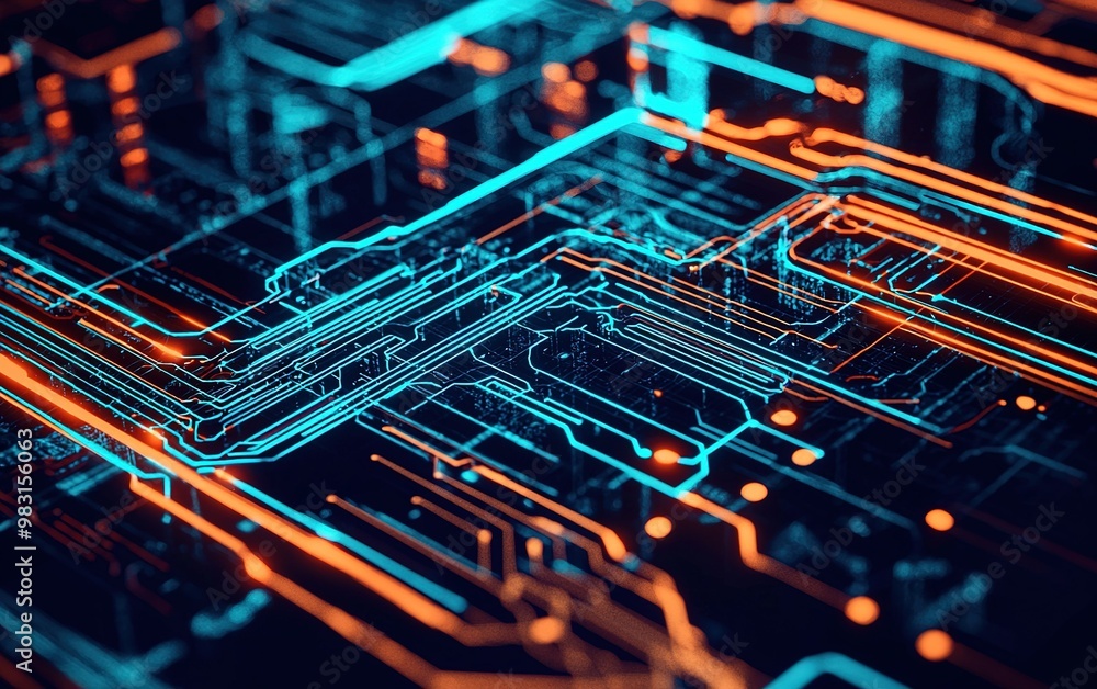 Poster close-up of a modern circuit board with glowing blue and orange lines highlighting intricate pathway