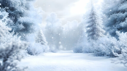 Fototapeta premium Frosty winter landscape in snowy forest Christmas background