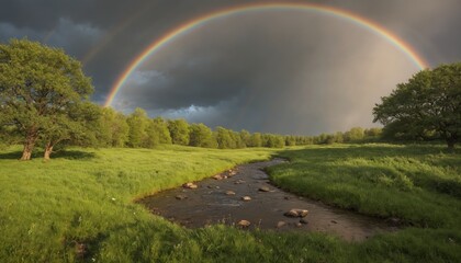 Fototapeta premium A vibrant rainbow arches over a lush green meadow after a summer rain, illuminating the peaceful countryside path ahead