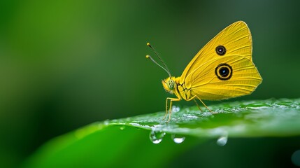 Obraz premium A yellow butterfly, close-up, perched on a wet leaf Droplets glisten on its wings against a green backdrop