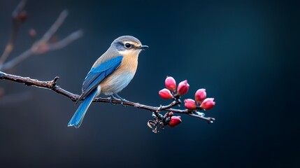 Fototapeta premium A blue bird perches on a tree branch, adjacent to a blooming branch laden with red berries