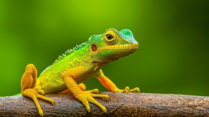 Fototapeta premium A tight shot of a green-and-yellow lizard perched on a branch against a hazy backdrop of green foliage