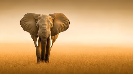 Obraz premium An elephant stands in a field of tall grass under an orange and yellow twilight sky