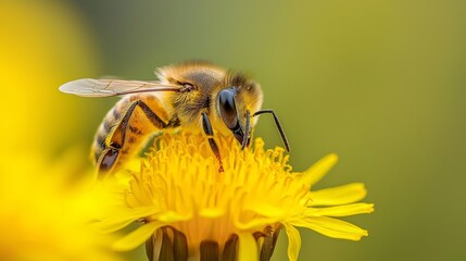  A close-up of a bee on a yellow flower with a blurred background behind it