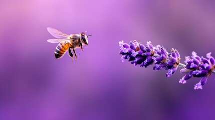 Fototapeta premium A bee hovering over a purple flower adjacent to a purple-hued plant with no bee on its backward end