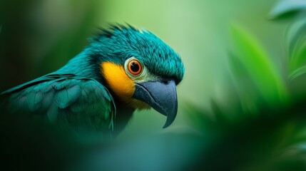 Obraz premium A detailed view of a blue-and-yellow bird against a backdrop of green foliage Foreground features a soft, blurred depiction of leaves