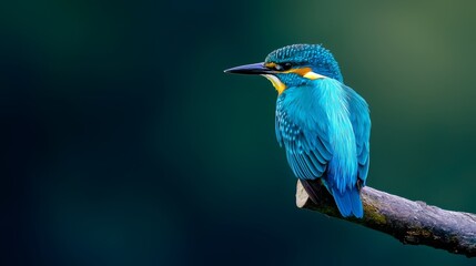 Obraz premium A blue bird with a yellow beak perches on a branch against a dark green background