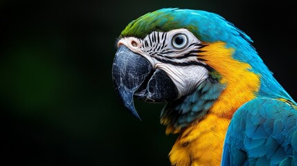 A tight shot of a blue-and-yellow parrot against a black background Alternatively, a blue-and-yellow parrot in front of a green and black background
