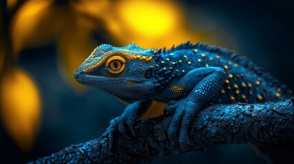 Fototapeta premium close-up image of a blue-and-yellow lizard perched on a tree branch against a softly blurred, backlit scene