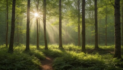 Naklejka premium Sunlight filters through a tranquil forest during early morning, illuminating misty greenery and creating a peaceful atmosphere