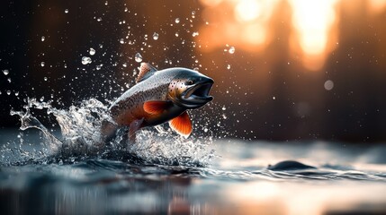 Fototapeta premium A fish leaps from the water, mouth agape, head clear of surface