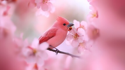  A pink bird perched on a tree branch, surrounded by pink flowers in the foreground, while the background softly blurs