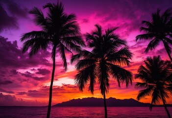 tropical palm silhouette framed vibrant sunset backdrop rich hues purple sky, orange, pink, nature, landscape, tree, exotic, evening, clouds, light, dusk