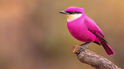 Fototapeta premium A pink-and-white bird perches atop a wooden branch, adjacent to a brown and white tree limb