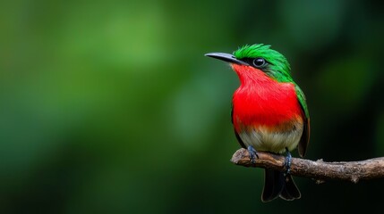  A vibrant bird perches on a branch against a backdrop of green and red hues The foreground features a softly blurred tree branch