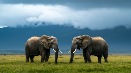 Fototapeta premium Two elephants, side by side, on a verdant field Above them, a mottled sky of clouds Mountains distant in background