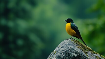  A small yellow and green bird perches atop a moss-covered rock against a backdrop of lush, green foliage