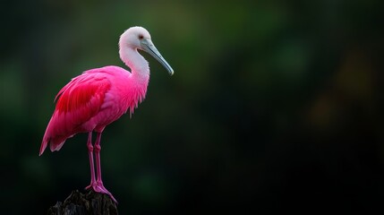  A pink bird with a lengthy beak atop a tree stump against a dark green and black backdrop