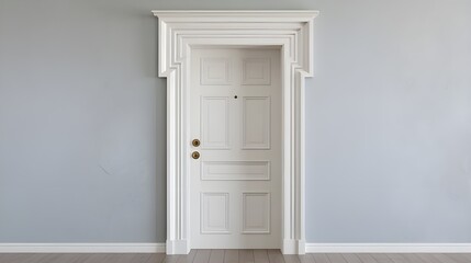 White Door with Ornate Frame and Gray Wall