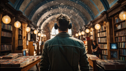 Naklejka premium generated illustration back view of man headphones standing library book