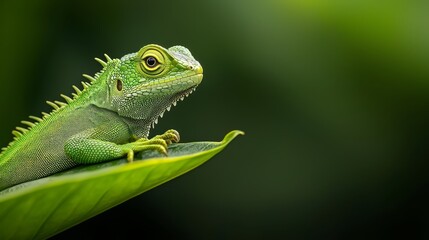 Fototapeta premium A tight shot of a green lizard perched on a leaf against a vaguely defined, dark green backdrop