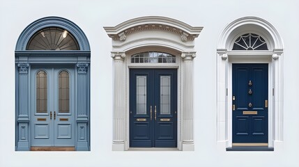 Three Elegant Blue Front Doors with Golden Hardware