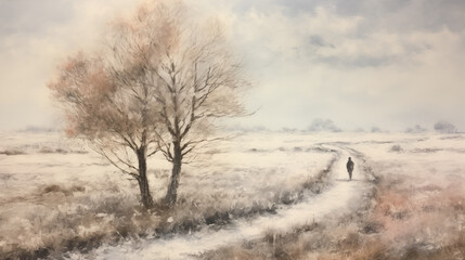 A solitary figure walks along a snowy path in a tranquil winter landscape at dusk