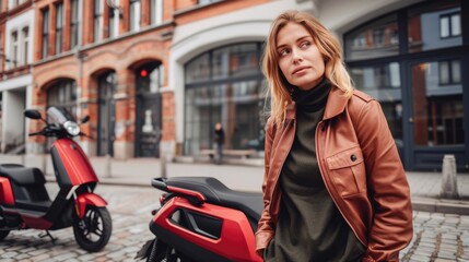 Naklejka premium Beautiful girl with blonde hair riding a city bike with a scooter in the background.