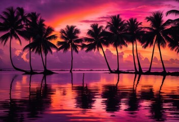 Obraz premium tropical oasis vibrant palm silhouettes colorful dusk sky, tree, nature, landscape, sunset, clouds, scenery, light, shadows, exotic, greenery, paradise