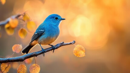 Fototapeta premium A blue bird perches atop a tree branch, adjacent to another bearing yellow and orange leaves